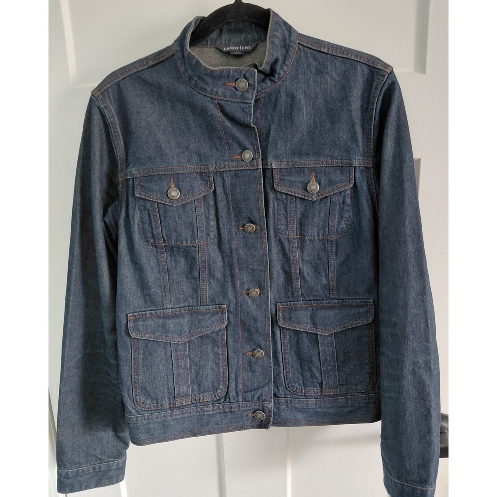 Lands' End Women Dark Denim Collarless‎ Button Front Jacket Blue Size M 10-12